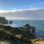 green grass on rocky mountain by the sea under blue and white cloudy sky during daytime